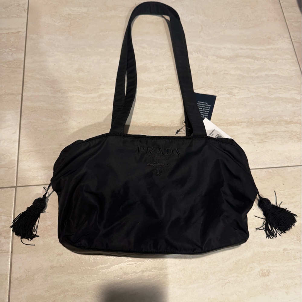 PRADA Vintage Tessuto Tassel Black Silver Hardware Nylon Beaded Handbag Tote‎ - Picture 6 of 14